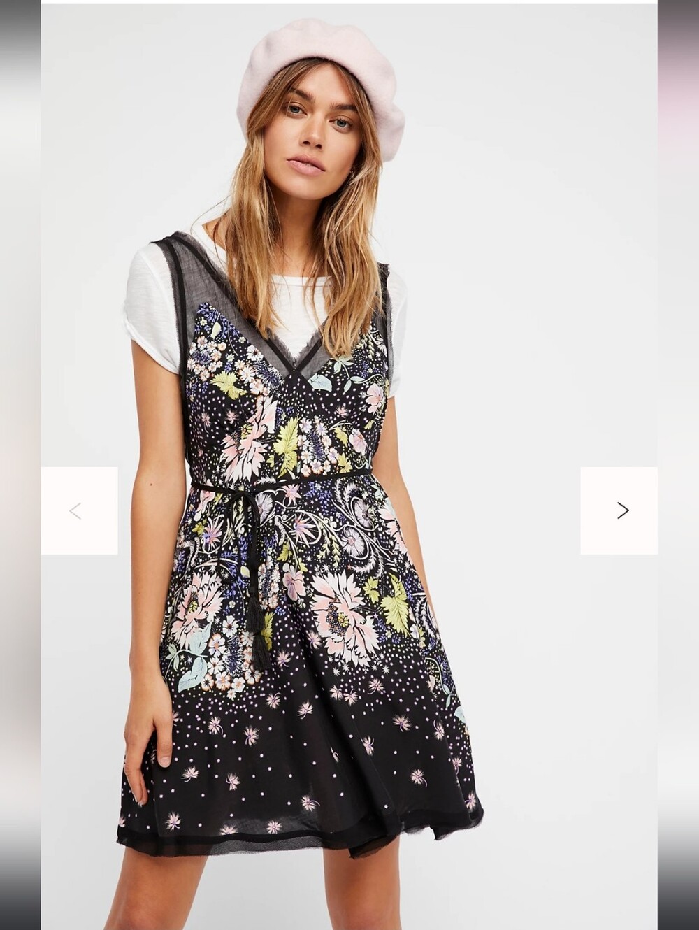 Free People Longwood Floral Printed Black V Cut Neckline Mini Slip Dress